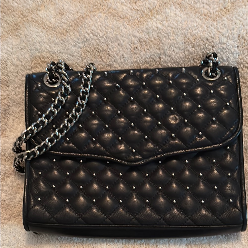 Black Quilted Studded Shoulder Bag with Chain Strap